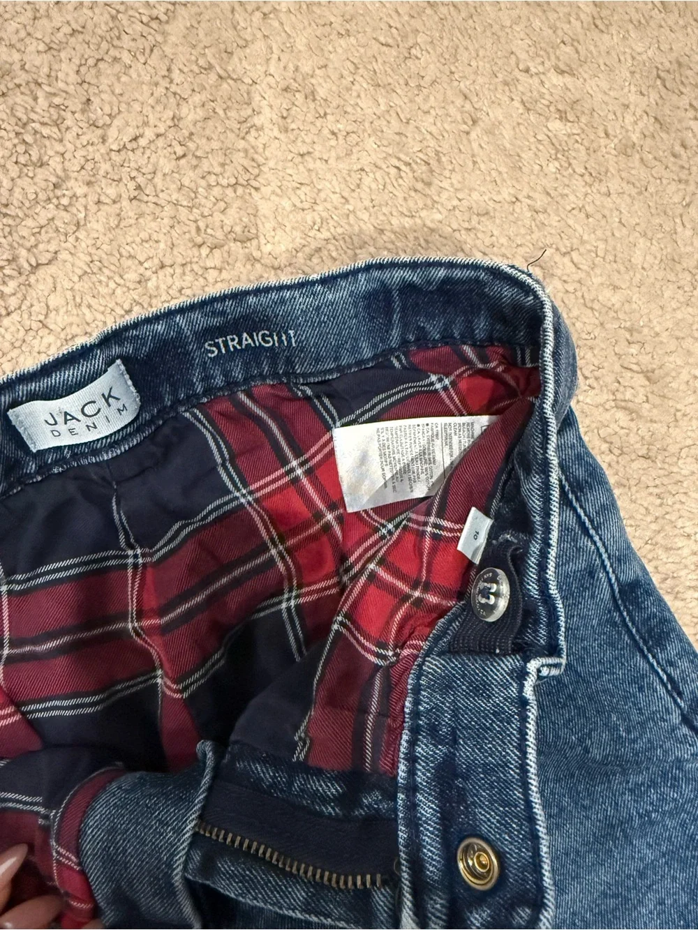 Janie and Jack Dark Blue Jeans with Red Plaid Cuff